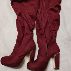 Wide faux suede maroon boots with gold trim heels